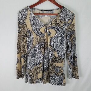 Jacyln Smith Shirt Womens Small Top Big Paisley Print Long Sleeve Keyhole V Neck